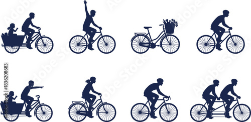 Silhouette collection of people riding bicycles in various poses, showcasing family cycling, outdoor transportation, active lifestyle, fitness, commuting, and recreation scenes.