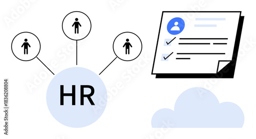 HR circle linked to people icons, user profile document with checkmarks, and cloud graphic. Ideal for human resources, recruitment, employee management, database, workflow, technology digital
