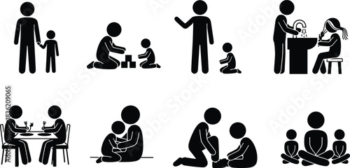 Silhouette family interaction set showing daily parenting routines, caregiving tasks, child guidance, nurturing activities, healthy habits, emotional support, and positive home relationships.