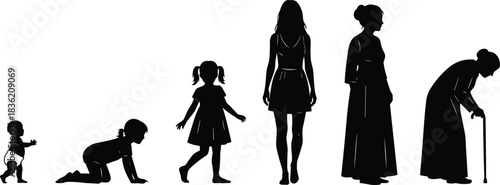 Silhouette illustration depicting the complete stages of a woman’s life from infancy to old age, symbolizing growth, development, maturity, and aging progression.