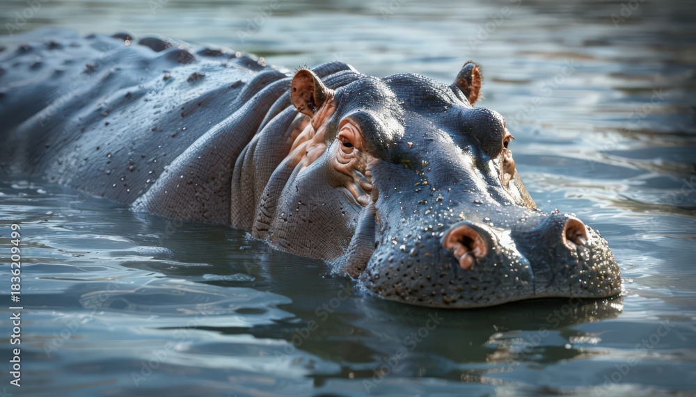Fototapeta premium Close-up portrait of a large common hippopotamus wading in a calm body of water. 