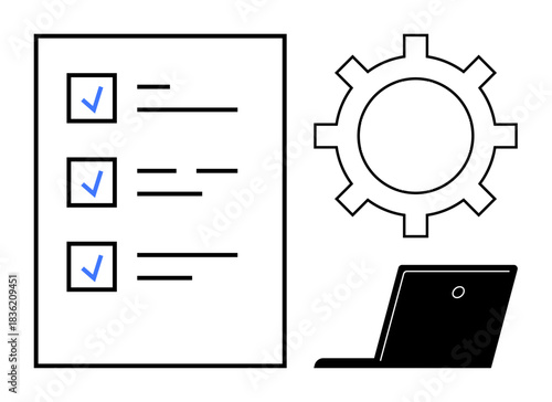 Workflow management, task completion, productivity tools, automation systems, organizational strategy, technology optimization. A checklist, gear and laptop. Workflow and task management concept
