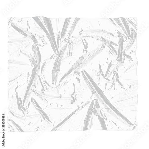 3d transparent wrapping film pieces, plastic bag texture isolated render icon set. Transparent plastic wrap texture overlay. Crumpled polyethylene film, shrink packaging sheet, vinyl sleeve cover mock