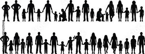 Silhouette illustration of diverse families holding hands, representing unity, parenting, childhood bonding, community connection, and supportive family relationships in modern vector art.
