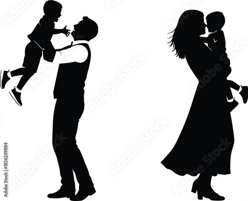 Silhouette illustration of loving parents interacting with their young child, showing joyful family bonding, nurturing relationships, playful moments, and emotional connection together.