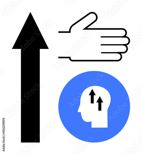 Growth concept. Growth by upward arrows, human mind silhouette, and hand gesture expressing motivation. Growth in personal development, success, education, innovation, teamwork