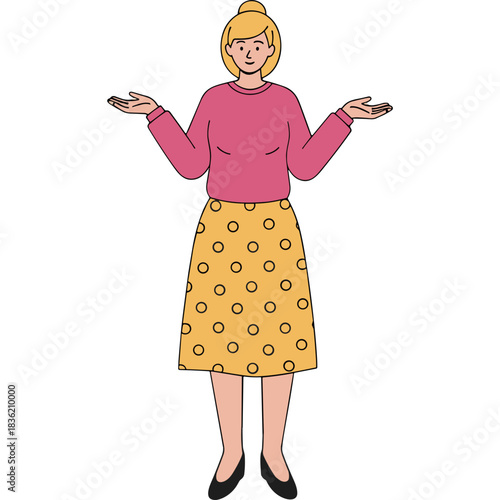 Woman In Pink Sweater And Yellow Skirt With Geometric Pattern Shrugging Shoulders With Arms Outstretched