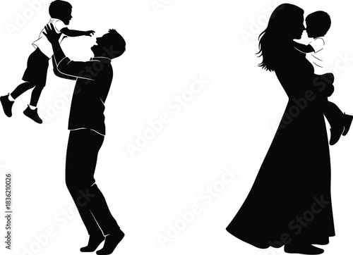 Silhouette illustration of mother and father lovingly interacting with their child, showing tender family moments, emotional bonding, playful connection, and parental affection.
