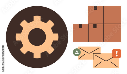 Gear icon alongside stacked packages and envelopes with notification symbols. Ideal for logistics, workflow, communication, email alerts, supply chain, automation, delivery strategies, simple flat