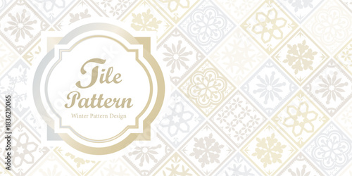 冬のタイルパターン背景 ゴールドとアイシーグレーの雪の結晶デザイン | ベクター素材 バナー カード コピースペース