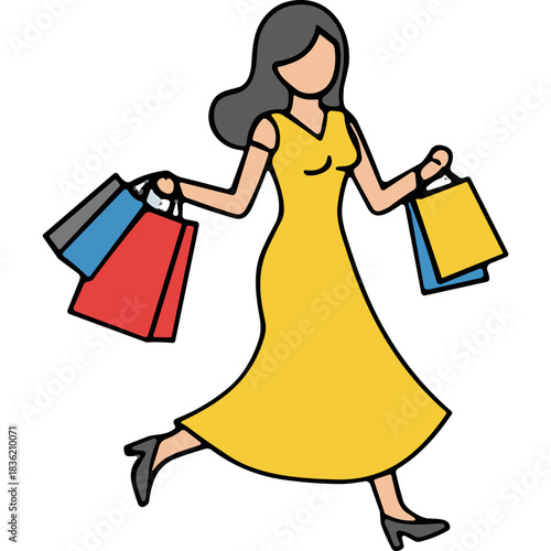 Woman in Yellow Dress Holding Shopping Bags Enjoying Retail Therapy Outdoors