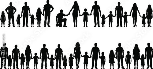 Silhouette illustration of diverse family groups holding hands, showcasing unity, parenting, childhood development, and generational connection in a modern vector design.