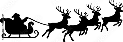 Christmas silhouette of santa claus riding sleigh pulled by reindeer with stars in night sky, festive holiday illustration.Santa Claus silhouette riding in a sleigh pulled by reindeer vector 