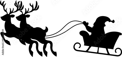 Christmas silhouette of santa claus riding sleigh pulled by reindeer with stars in night sky, festive holiday illustration.Santa Claus silhouette riding in a sleigh pulled by reindeer vector 