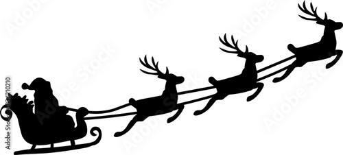 Christmas silhouette of santa claus riding sleigh pulled by reindeer with stars in night sky, festive holiday illustration.Santa Claus silhouette riding in a sleigh pulled by reindeer vector 