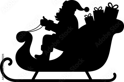 Christmas silhouette of santa claus riding sleigh pulled by reindeer with stars in night sky, festive holiday illustration.Santa Claus silhouette riding in a sleigh pulled by reindeer vector 
