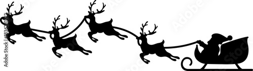 Christmas silhouette of santa claus riding sleigh pulled by reindeer with stars in night sky, festive holiday illustration.Santa Claus silhouette riding in a sleigh pulled by reindeer vector 