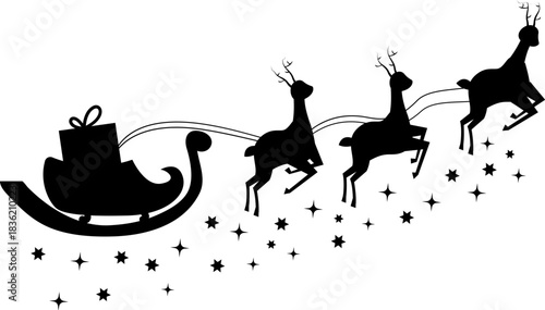 Christmas silhouette of santa claus riding sleigh pulled by reindeer with stars in night sky, festive holiday illustration.Santa Claus silhouette riding in a sleigh pulled by reindeer vector 