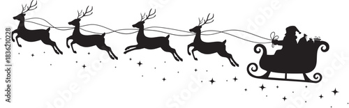 Christmas silhouette of santa claus riding sleigh pulled by reindeer with stars in night sky, festive holiday illustration.Santa Claus silhouette riding in a sleigh pulled by reindeer vector 