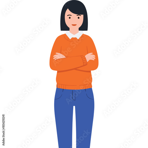 Woman Standing With Arms Crossed Wearing Orange Sweater Blue Jeans White Shirt With Black Bob Hairstyle On Black Background