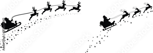 Santa Set Claus riding sleigh with reindeer, flying Christmas silhouette illustration, festive holiday scene, winter Christmas vector art, traditional Santa sleigh