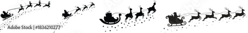 Santa Set Claus riding sleigh with reindeer, flying Christmas silhouette illustration, festive holiday scene, winter Christmas vector art, traditional Santa sleigh