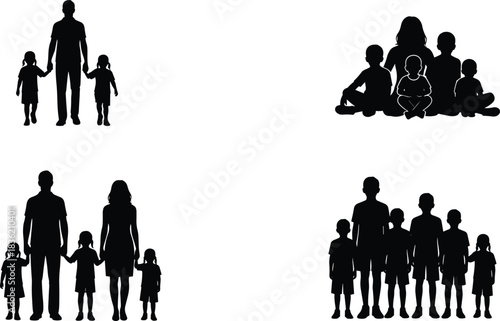 Silhouette illustration showing diverse family groups, highlighting parent-child bonding, unity, togetherness, growth, and generational relationships for modern family-themed vector design.