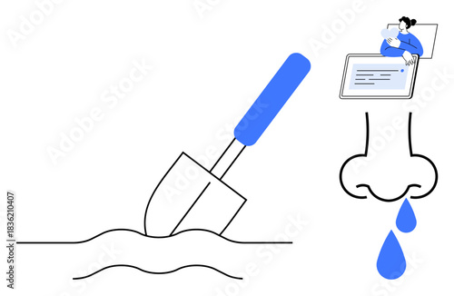 Health concept. Health connections with nose illustration, digital interface, and shovel manual work. Perfect for medical, healthcare apps, wellbeing solutions, educational content, and lifestyle