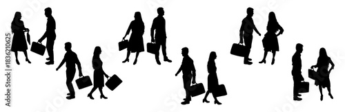 Silhouettes of businesswoman and businessman with briefcases, set. Vector illustration