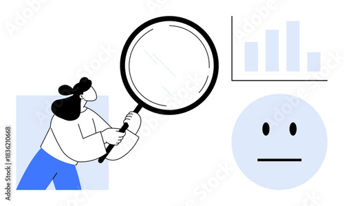 Market analysis, emotional response, data investigation, business strategy, audience feedback, visual . Person holding magnifying glass, bar chart neutral face. Market analysis and emotional