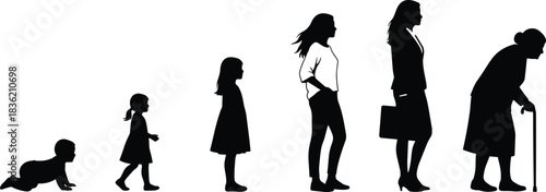 Silhouette illustration showing female life stages from infancy to old age, representing growth, development, maturity, aging process, human evolution, and progression.