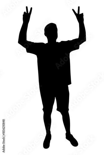 Man silhouette raising both hands showing peace or victory sign. Vector illustration