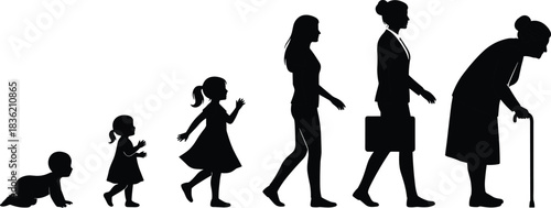 Silhouette illustration showing the stages of a woman’s life from infancy to old age, representing growth, development, aging, evolution, and human progression.