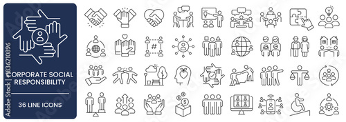 Corporate Social Responsibility Line Icon Set with Editable Stroke. Collection of community, cooperation, volunteering, diversity, inclusion, unity, teamwork, equity, partnership, and ethics symbols.