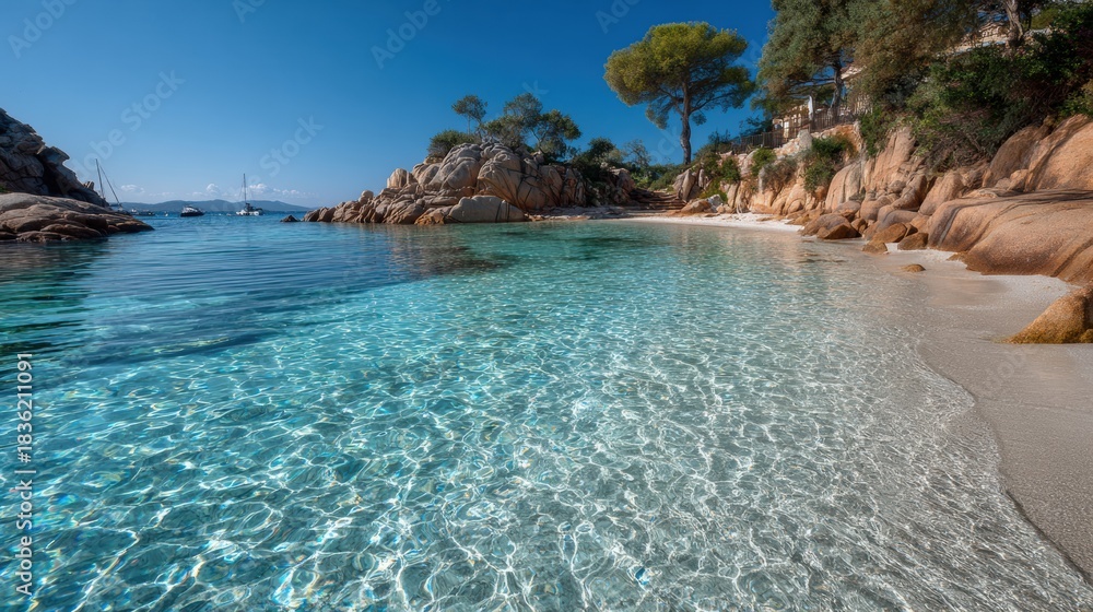 Fototapeta premium Sardinia Coastline Features Clear Water and White Sand at a Lagoon During Bright Daylight Hours