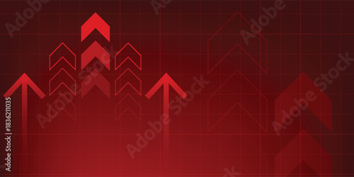 Design business arrow up growth technology on grid line dark red background. graph stock market trading investment. chart trend profit income. Design vector ilustration