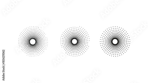 Three variations of abstract circular design element made of small black dots radiating from a central dark circle