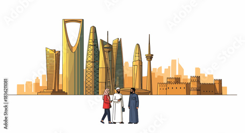 Saudi Arabia's Modern Skyscrapers and Traditional Architecture Blend with Diverse People in Cityscape Illustration