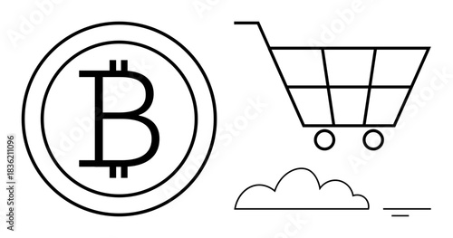 Bitcoin eCommerce concept. Bitcoin symbol s cryptocurrency transactions while the shopping cart suggests eCommerce integration. Bitcoin in cloud-based eCommerce systems. For finance, retail