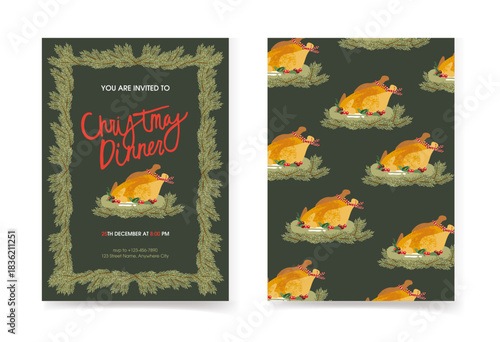 Christmas dinner invitation template with a picture of a baked chicken and a frame of fir branches on a green background