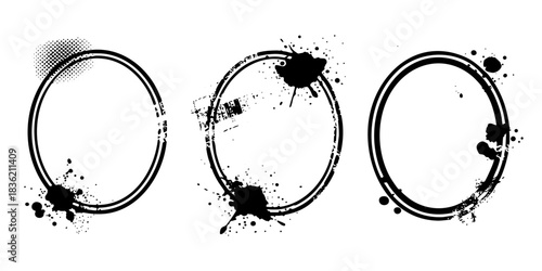 Set of black grunge oval shapes. Rough ellipses. Vector illustration. Trendy grunge design element for border frame, logo, tattoo, prints, web pages, social media, template and monochrome pattern