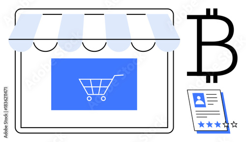 Digital shopfront with awning, shopping cart symbol, Bitcoin logo, and customer review card. Ideal for e-commerce, cryptocurrency, online shopping, digital payments, blockchain user feedback modern