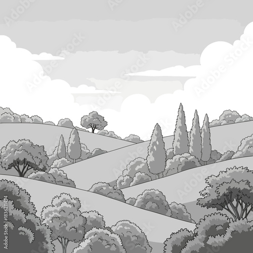 Rolling Tuscan Hills Landscape Illustration with Cypress Trees, Olive Trees, and Verdant Greenery Under a Cloudy Sky