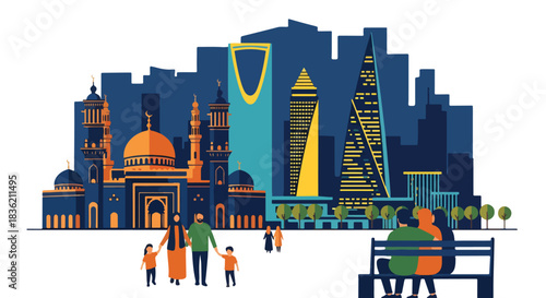 Saudi Arabia Skyline with Modern Skyscrapers and Traditional Mosque, Diverse Families Enjoying Cityscape View