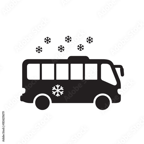 Black silhouette of a bus with snowflakes representing winter travel or cold weather transport isola