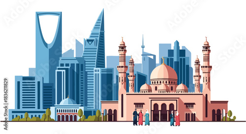 Riyadh Skyline Silhouette Featuring Modern Skyscrapers And Traditional Islamic Mosque With Minarets And Domes And People