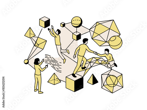 Abstract geometric composition with figures interacting with polyhedral shapes and cubes in yellow and cream tones on black background isometric illustration