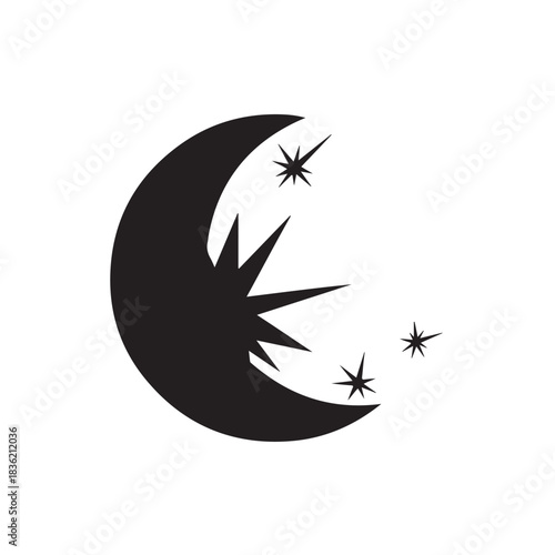 Black crescent moon and stars icon flat design silhouette for night sky concepts isolated on white