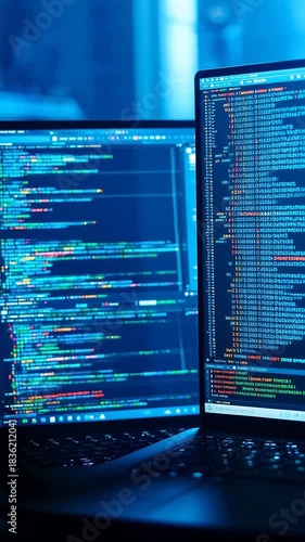 Digital Code Scrolling on Two Laptop Screens in a Dark Blue-Lit Room