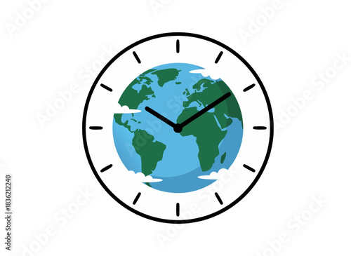 Abstract illustration of a clock face with planet Earth as the dial and minute and hour hands against a black background representing global time and measurement